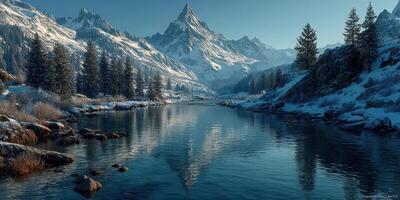 Scenic winter landscape with snow-covered mountains and a tranquil river reflecting the surroundings at sunrise photo