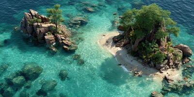 Pristine tropical islands with clear turquoise waters and lush greenery on a bright sunny day photo
