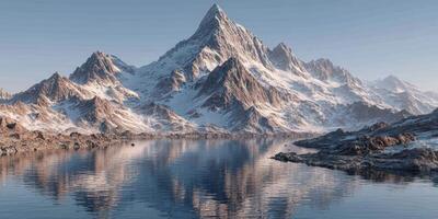 Snowy mountain peaks reflecting in calm lake water at dawn during a serene natural setting photo