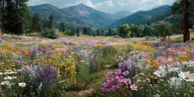 Colorful wildflower meadow blooms in serene mountains on a sunny afternoon photo