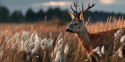 Majestic deer grazing in a golden field at sunset with soft grass and distant trees photo