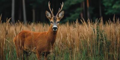 Majestic deer stands in a golden field during the late afternoon sun in a serene forest setting photo