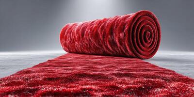 Luxurious red carpet rolls out on a sleek surface, ready for a grand entrance at an evening event photo