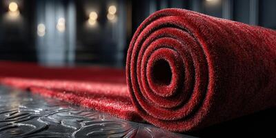 Red carpet unrolled for a special event in an elegant hall during the evening photo