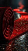 Shimmering red fabric rolled and placed on a textured surface with soft focus highlights photo