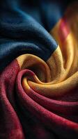 Vibrant colors of a traditional fabric showcasing blue, yellow, and red design in intricate folds photo