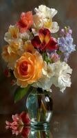 Colorful floral bouquet in a glass vase with diverse flowers on a soft background photo