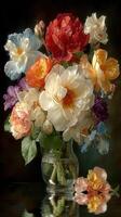Beautiful bouquet of multicolored flowers in a glass vase against a dark background photo