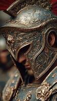 Detailed close-up of a soldier wearing ornate armor and helmet during a historical reenactment event in a public square at sunset photo