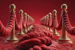 Red carpet entrance with velvet ropes leading to an elegant venue during an evening event photo