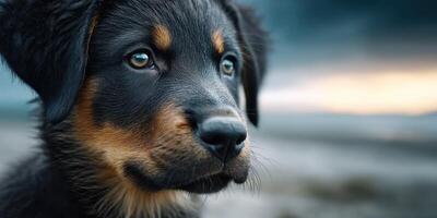 Rottweiler puppy exploring a serene landscape during twilight hours by a riverbank photo