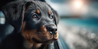 Rottweiler puppy looking out of a car window on a sunny day by the beach photo
