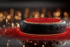 Illuminated round display stand with red granules on dark surface photo