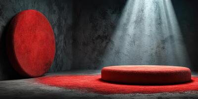 Bright red circular platforms in a dimly lit, textured space create a striking visual contrast and atmosphere for an artistic showcase photo