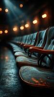 Old theater seating invites nostalgia in dim lighting during evening performance photo