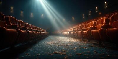 Empty theater with illuminated rows of seats and scattered leaves during a quiet moment in the evening photo