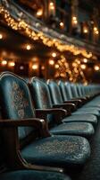 Elegant theater seating with soft velvet upholstery and warm festive lights in the background during the holiday season photo