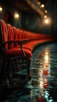 Rows of vintage red chairs reflecting dim light in a historic theater during a quiet evening photo