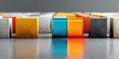 Colorful geometric blocks arranged in a pattern on a smooth surface, highlighting intricate details and varying textures during daylight photo