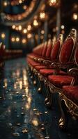 Elegant golden chairs line a luxurious theater hall with sparkling reflections and ambient lighting in a grand setting photo