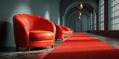 Elegant interior hallway with red chairs and carpet under soft lighting photo