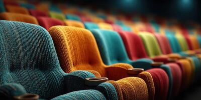 Colorful theater seats arranged in rows in a modern cinema designed for a comfortable viewing experience photo