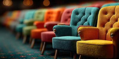 Colorful armchairs arranged in a cozy lounge area during an evening gathering photo