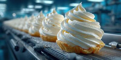 Whipped cream swirls being assembled on a production line in a dessert factory during the day photo