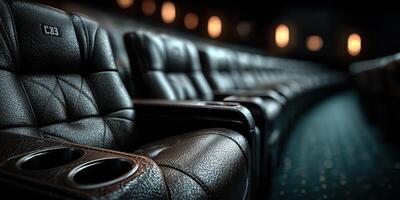 Modern leather cinema seating arrangement in a darkened theater showing comfortable viewing experience photo