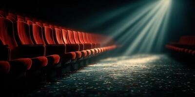 Empty theater seats illuminated by spotlight during evening performance photo