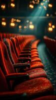 Rows of velvet seats in an elegant theater illuminated by warm ambient light create a captivating atmosphere for an evening performance photo