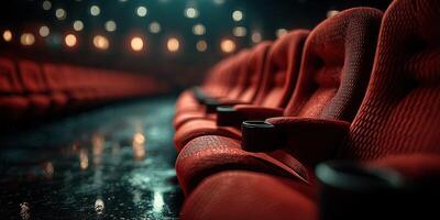 Empty red theater seats create a cozy atmosphere in a dimly lit cinema during movie hours photo