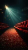 Red velvet seats line a dramatic theater aisle illuminated by a single spotlight in a dimly lit venue photo