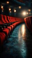 Rows of empty red seats in an old theater illuminated by soft lighting during a quiet evening performance photo