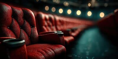 Vintage red theater seats arranged in rows ready for an audience as warm lights illuminate the background before a performance photo