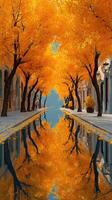 Vibrant autumn trees line a tranquil pathway beside a reflecting pool under a clear blue sky photo