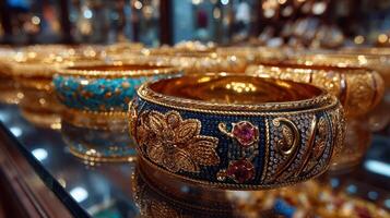 Intricately designed gold bangles displayed in a jewelry store during a bustling market afternoon photo