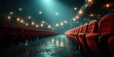 Empty theater hall with illuminated seats and scattered petals after a performance photo