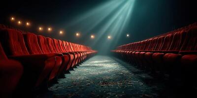Rows of empty red theater seats illuminated by soft light create a nostalgic atmosphere in a historic venue photo