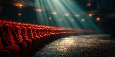 Empty theater with red velvet seats and soft light filtering through dust photo
