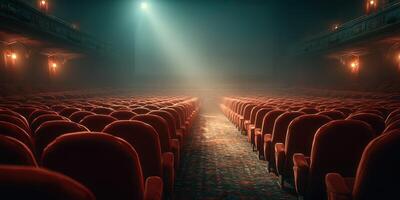 Empty theater with dim lighting creates a mysterious atmosphere in evening setting photo