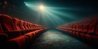 Empty theater with rows of red velvet seats and stage lights illuminating a quiet atmosphere photo