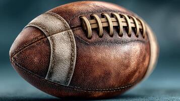 Vintage leather football resting on a blue background with focus on texture and design details during a quiet moment photo