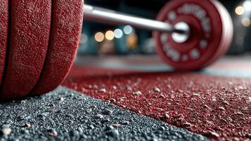 Barbell rests on gym floor during late night workout session focusing on strength training and fitness photo