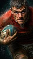Rugby player in action during a tough match on a muddy field showcasing intense focus and determination photo