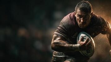 Intense rugby player sprinting toward the try line during a late night match under stadium lights photo