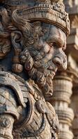 Carved stone figure depicting a historical warrior outside a temple in India during sunset photo