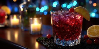 Refreshing cocktail served in a vintage glass with cherries and lemon slice at a trendy bar during evening hours photo