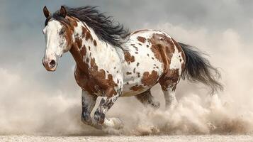 Beautiful spotted horse running through sandy landscape on a sunny day photo