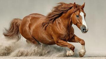 Majestic horse galloping through sandy terrain with flowing mane during sunny afternoon photo